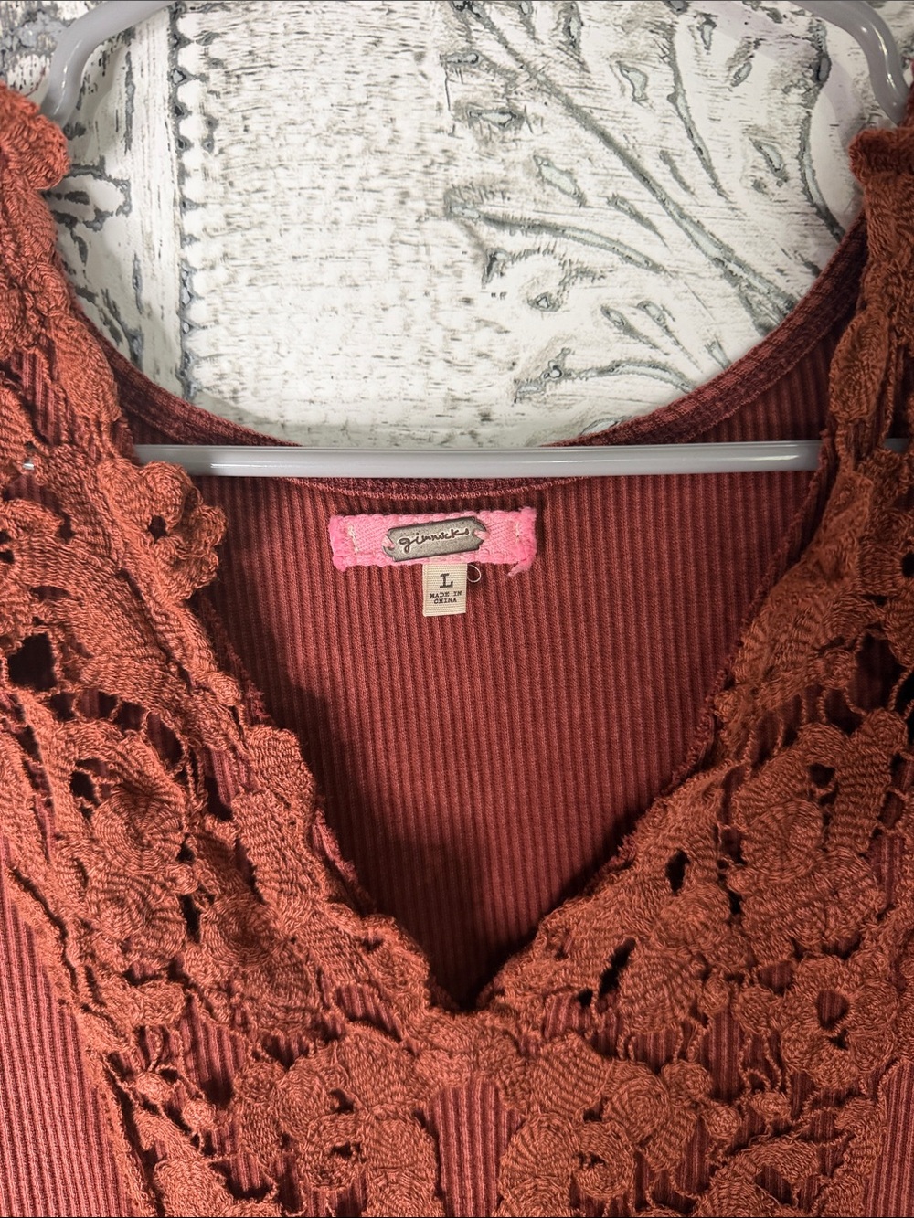 Women's Long-Sleeve Crochet-Trim Ribbed Top - Rust - Picture 3 of 5